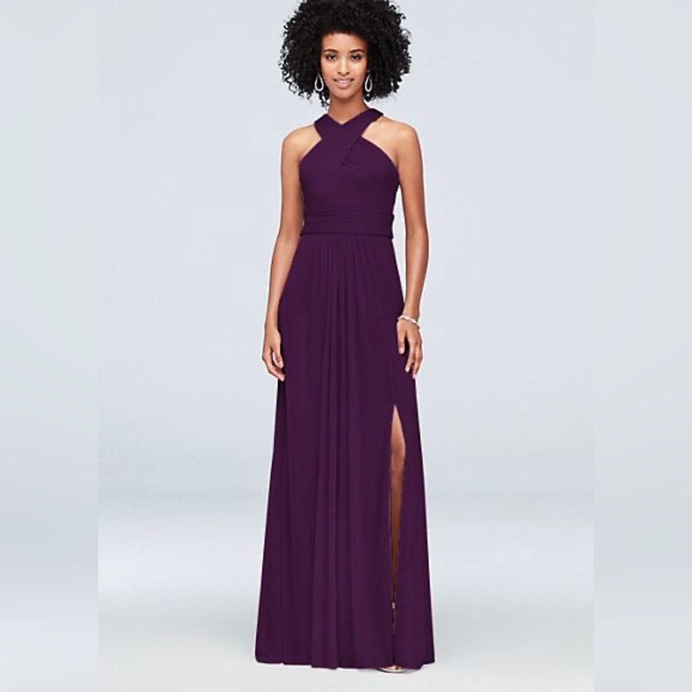 Crisscross High-Neck Mesh Bridesmaid Dress in Plum